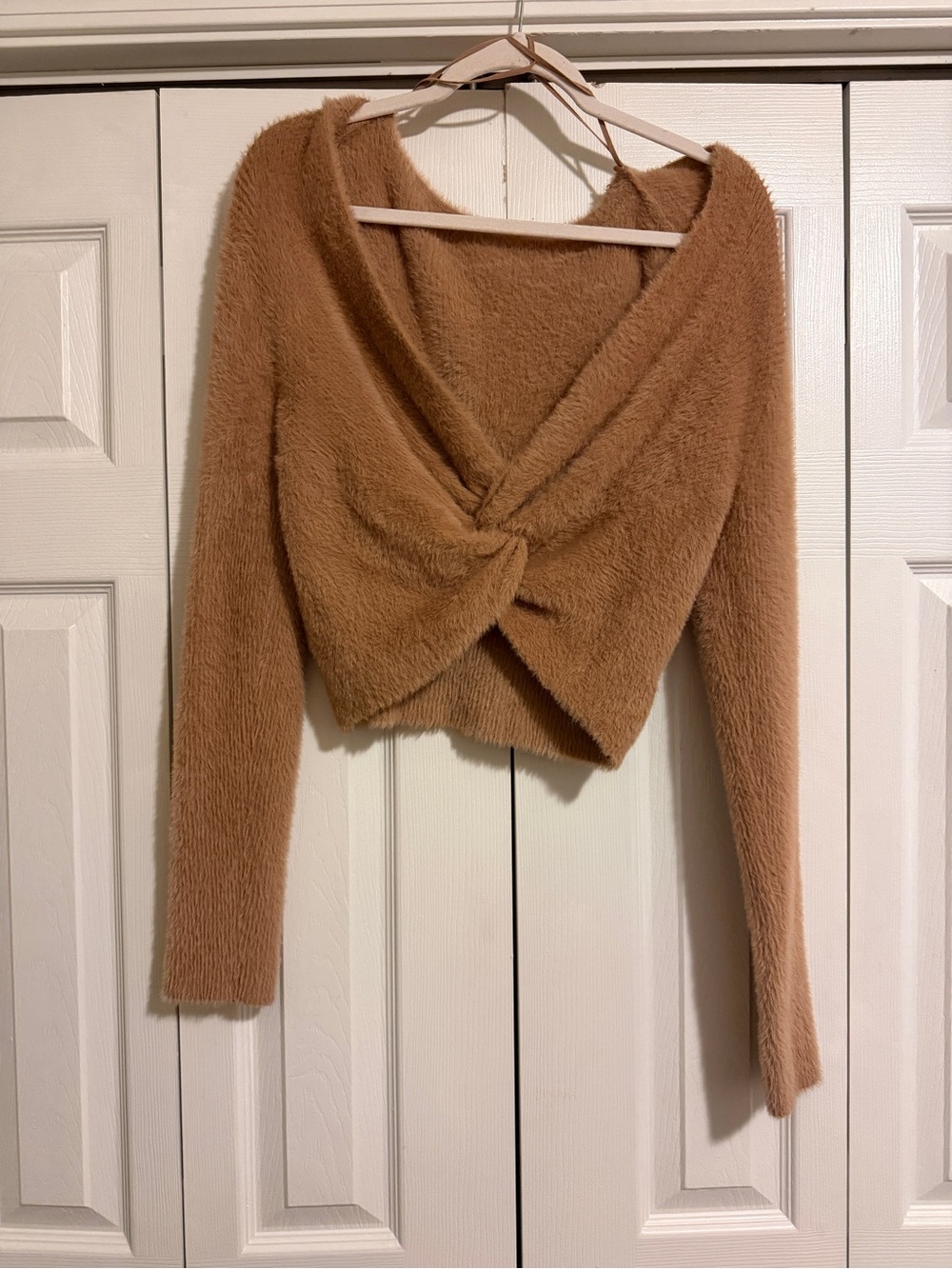 aerie Fuzzy Twist-Front Sweater in Camel